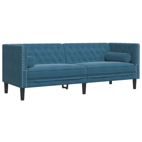 Canapé Chesterfield avec traversins 3 places，Sofa pour Salon，Banquette bleu velours CFW673116