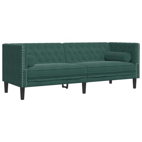 Canapé Chesterfield avec traversins 3 places，Sofa pour Salon，Banquette vert foncé velours CFW758051