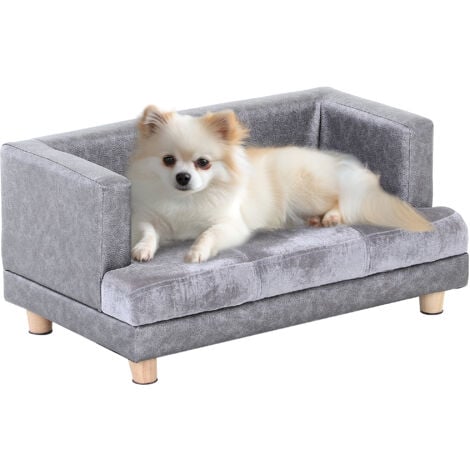 Canapé chien lit pour chien chat avec accoudoirs coussin moelleux pieds bois massif dim. 68 x 41 x 32 cm revêtement synthétique gris