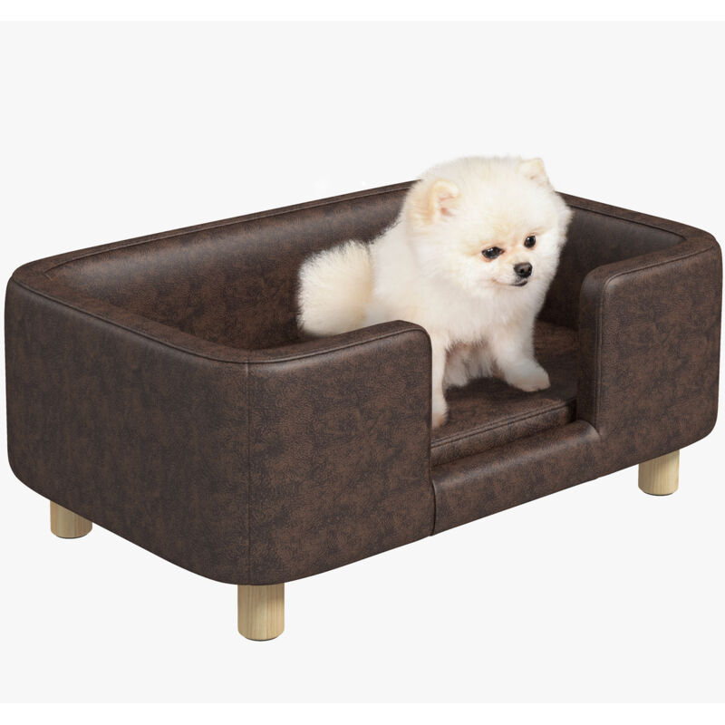 Canapé chien lit pour chien chat avec rebord coussin moelleux pieds bois massif dim. 74 x 48,5 x 31 cm revêtement micro-fibre chocolat