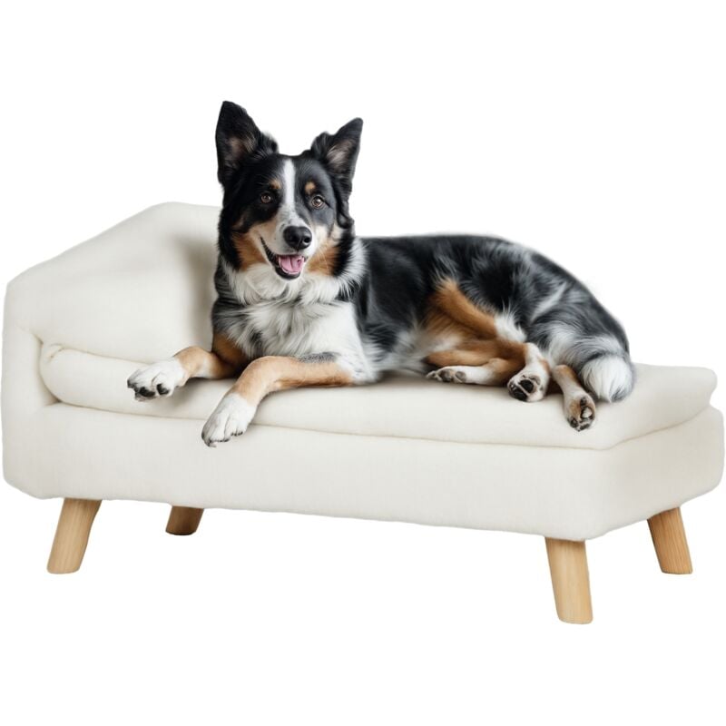 Canapé chien méridienne style scandinave 2 coussins déhoussables bois aspect fourrure crème