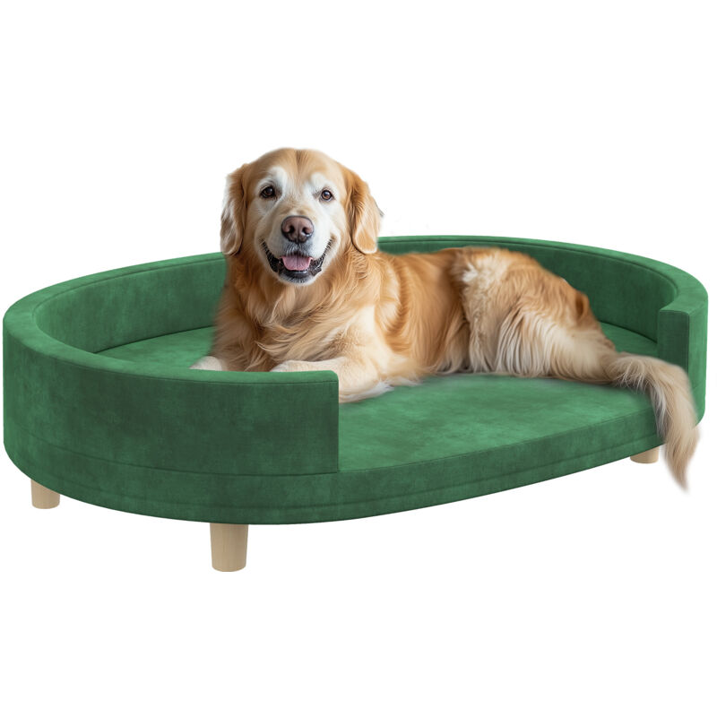 Canapé chien style nordique grande taille dim. 100L x 70l x 25H cm - coussin amovible - piètement bois velours vert
