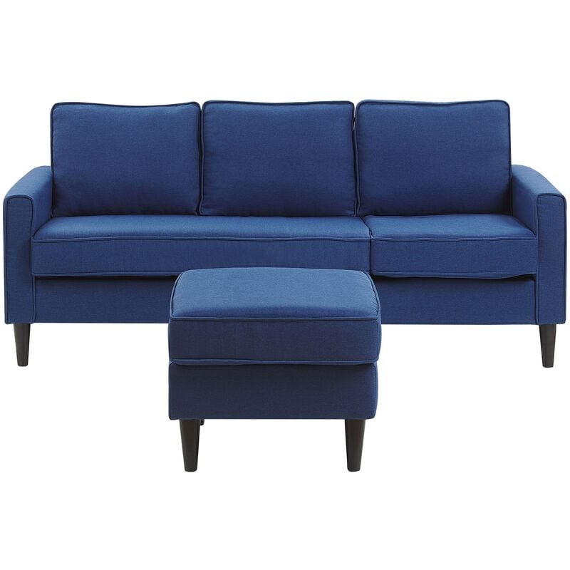 Beliani - Canapé Fixe 3 Places en Tissu Bleu avec Pouf Ottoman Confortable pour Salon au Design Moderne