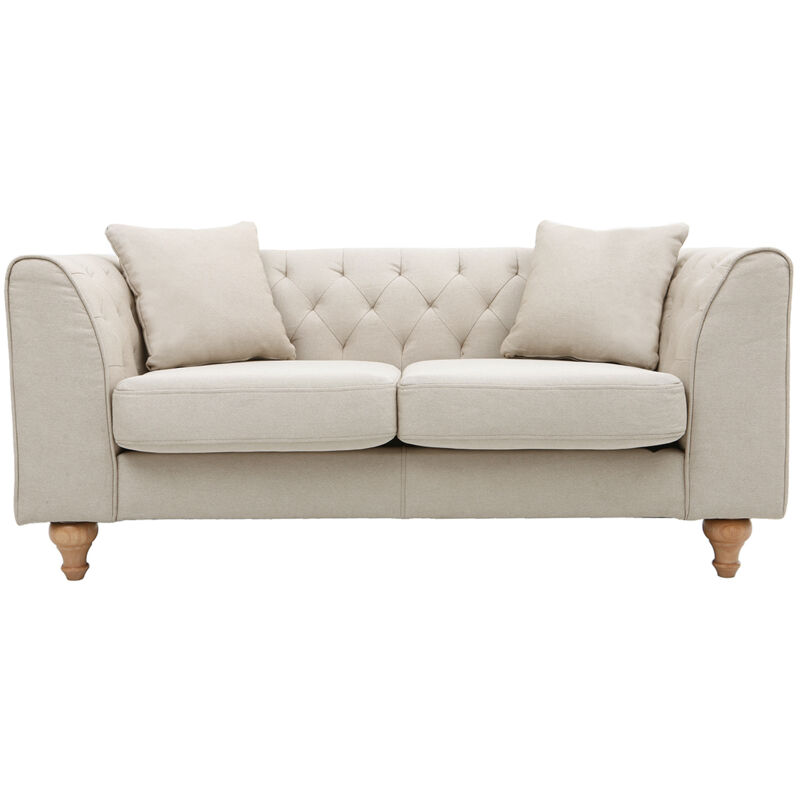 Canapé 2 places capitonné en tissu beige et bois clair MONTAIGNE