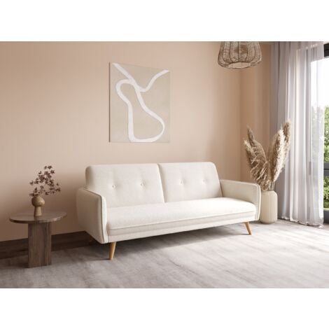 DECO IN PARIS Canapé clic clac en tissu bouclette blanc écru avec pieds en bois