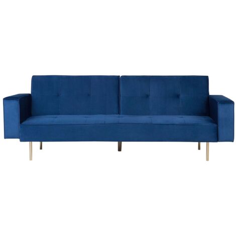 Canapé Clic-Clac en Velours Bleu Foncé avec Fonction Lit et Pieds Dorés pour Salon au Design Glamour Beliani