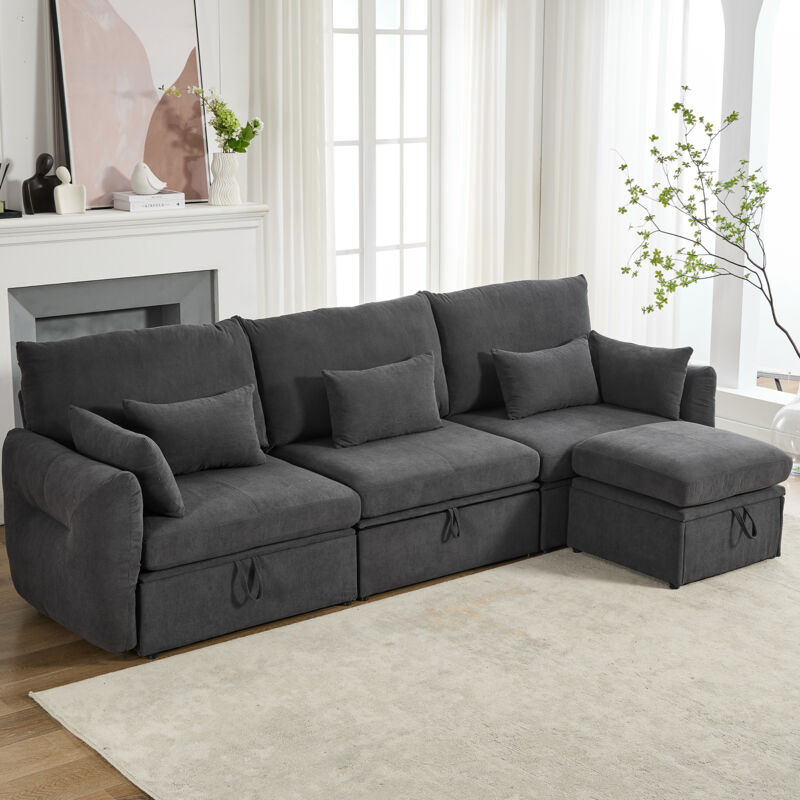 Canapé sectionnel avec espace de rangement, Canapé gris 3 places avec repose-pieds allongé et 5 coussins amovibles, pour chambre et salon, 300x90x96