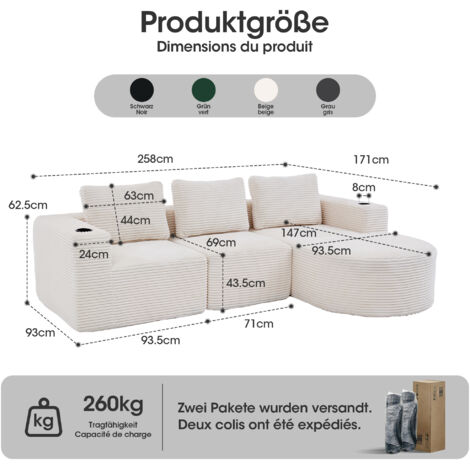 Canapé compressé 265cm largeur avec trois coussins et deux porte-gobelets. Confortable spacieux pour petits salons,appartements et espaces de bureau.