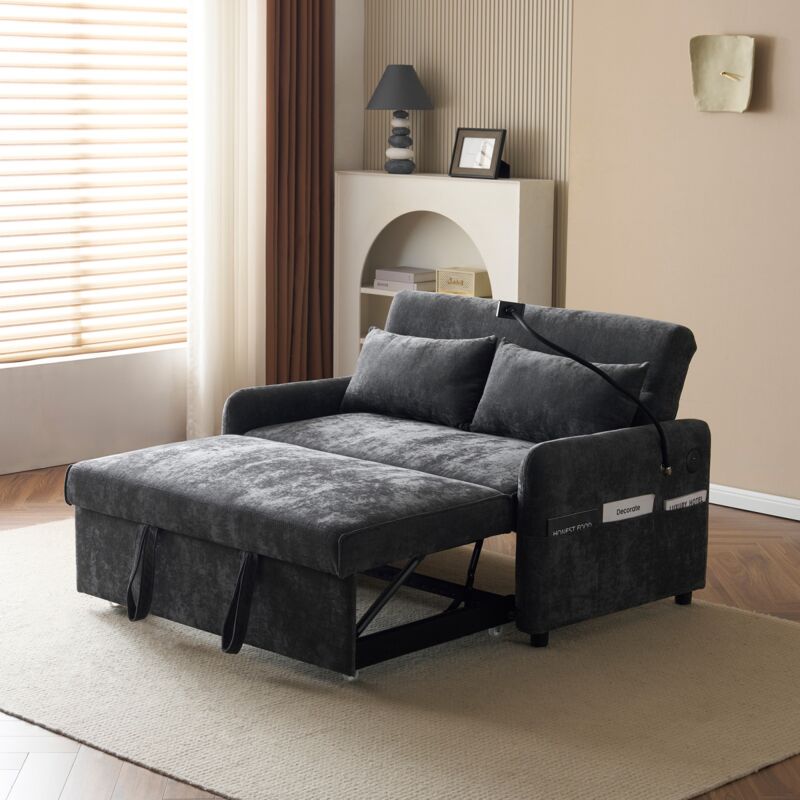 Canapé convertible 129 cm, 2 places, avec dossier réglable, port USB, porte-téléphone, fonction de couchage, meuble salon en tissu chenille - Gris