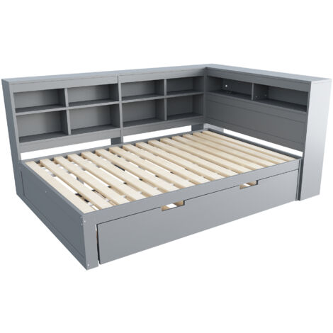 Canapé convertible 140200, lit gigogne 90190 avec prise USB et plusieurs rangements, lit en bois massif, lit double, lit multifonctionnel en bois, gris.