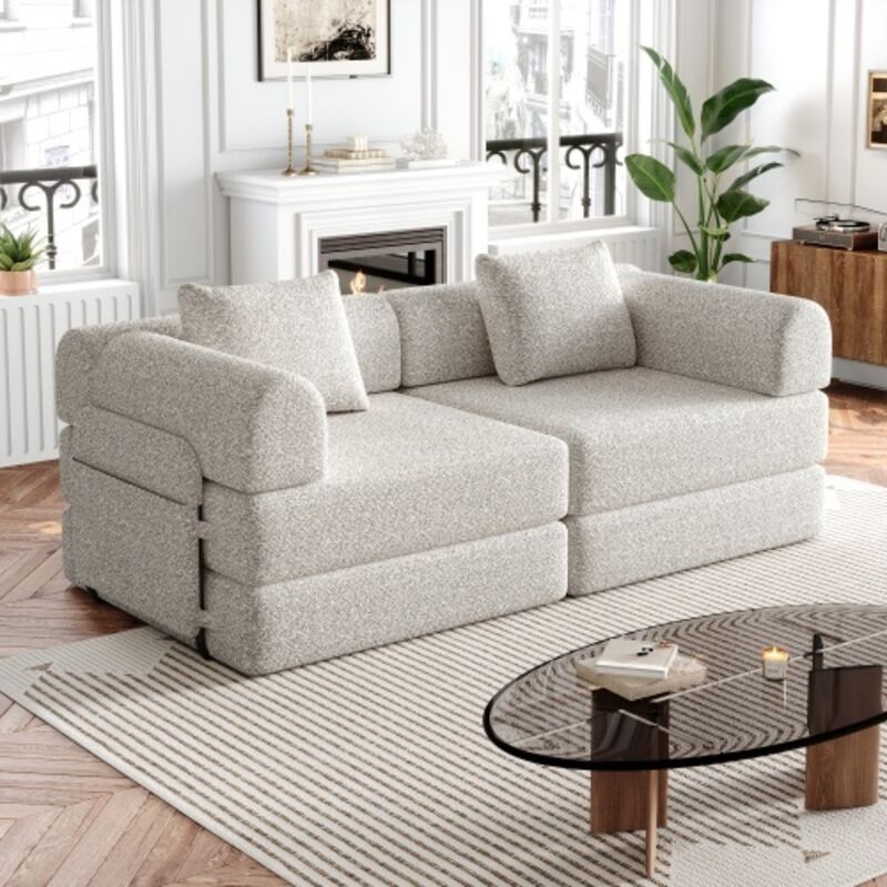 Canapé convertible 2 places 184x91x70 cm, 2 en 1 en chenille avec espace de rangement dans les accoudoirs, cadre en métal - Beige