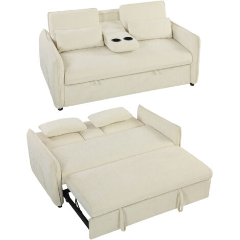 Canapé convertible 2 places 3 en 1, canapé-lit clic clac en chenille avec dossier réglable, porte-gobelets, beige