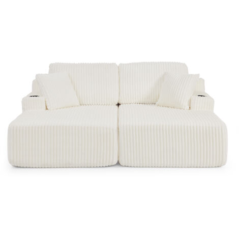 Canapé convertible 2 places avec fonction relax, canapé tissu velours côtelé doux avec poche latérale porte gobelet coussins confortable, beige