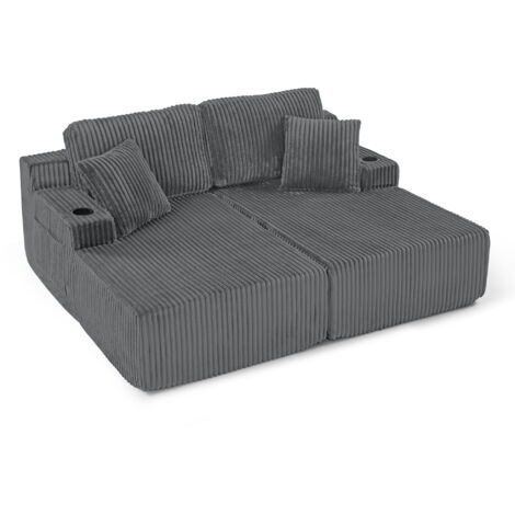 Canapé convertible 2 places avec fonction relax, canapé tissu velours côtelé doux avec poche latérale porte gobelet coussins confortable, gris