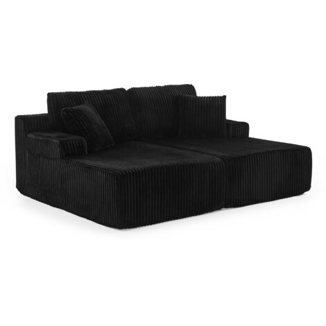 Canapé convertible 2 places avec fonction relax, canapé tissu velours côtelé doux avec poche latérale porte gobelet coussins confortable, noir