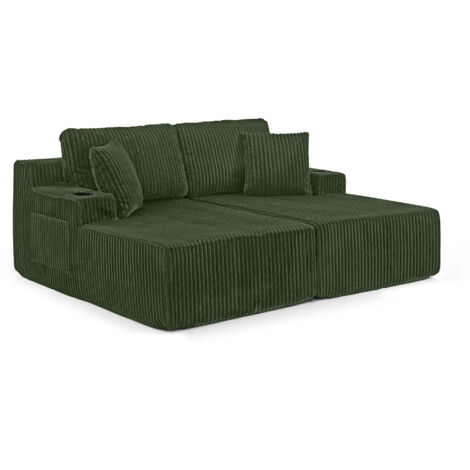 Canapé convertible 2 places avec fonction relax, canapé tissu velours côtelé doux avec poche latérale porte gobelet coussins confortable, vert