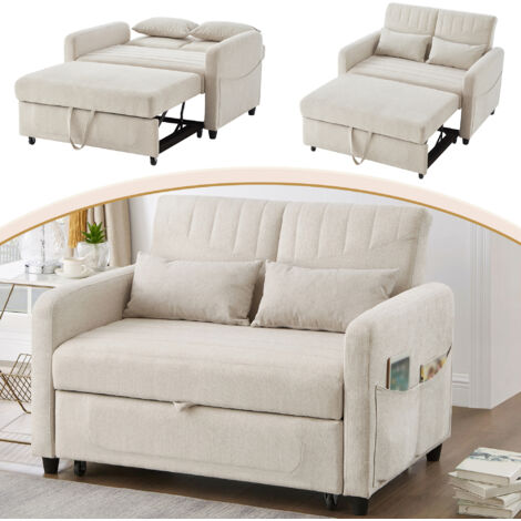 Canapé convertible 2 places - Canapé-lit 114x77x82.5cm - dossier réglable en 3 positions - style contemporain - coton lin - Beige