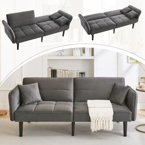 Canapé convertible 2 places - Canapé-lit 2 en 1 réglable - accoudoirs rabattables et fonction couchage - en velours gris