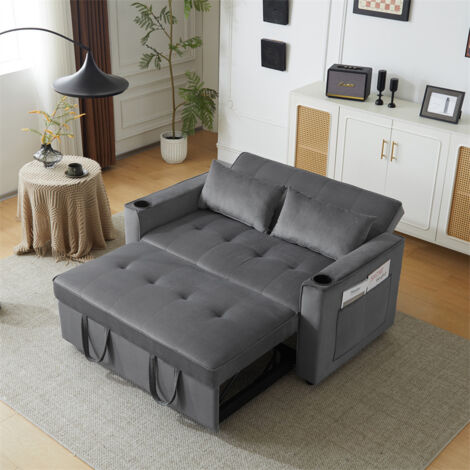 Canapé convertible 2 places - Canapé-lit pliant avec porte-gobelet et oreiller - 137x76.5x83cm - en tissu velours Gris