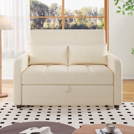 Canapé Convertible 2 Places, Dossier Réglable 3 Positions avec 2 Coussins, Mécanisme Coulissant, Lin Coton, Beige