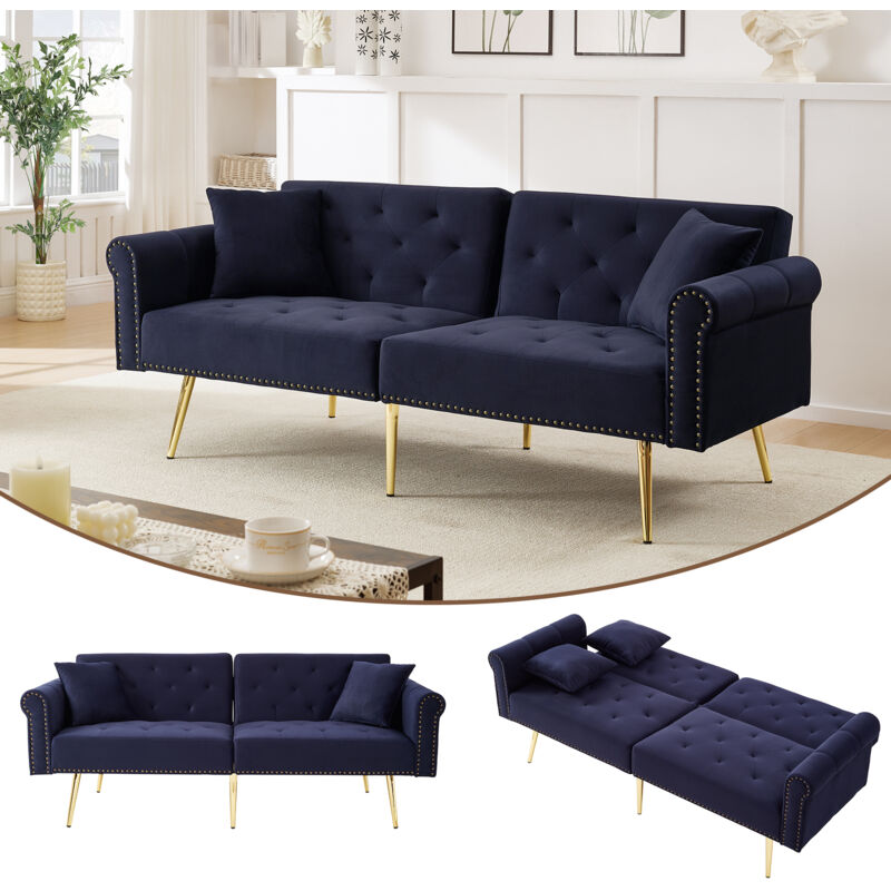 Canapé convertible 2 places, dossier réglable en 3 angles, 2 coussins, canapé droit pour salon ou chambre, velours, pieds métal, bleu foncé