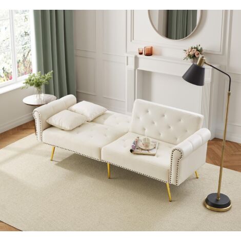 Canapé convertible 2 places, double dossier réglable 3 positions avec 2 coussins et rangement bas, Velours Beige