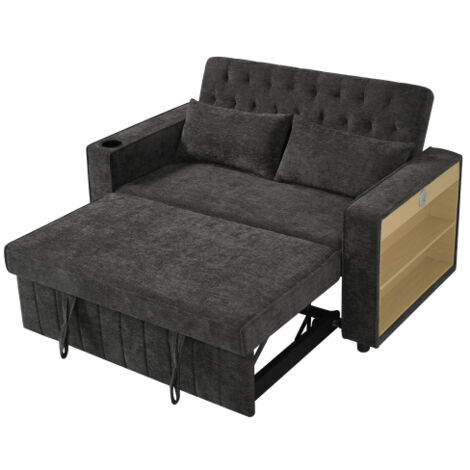 Canapé convertible 2 places en chenille avec ports usb, porte-gobelet et 2 coussins, gris