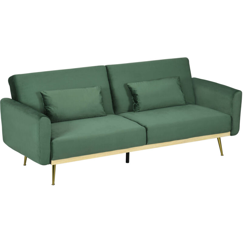 Homcom - Canapé convertible 2 places inclinable style art-déco bois hévéa piètement effilé métal doré velours vert
