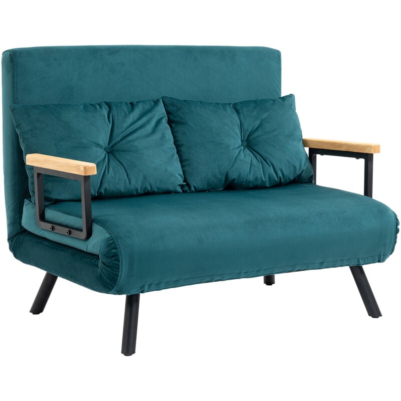 Canapé convertible 2 places canapé-lit dossier réglable 5 niv. 2 coussins revêtement effet velours bleu canard