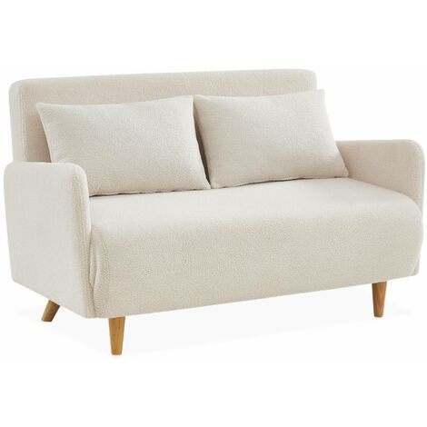 Canapé convertible 2 places scandinave - Panam - pieds bois. bouclettes blanches. banquette. dossier inclinable