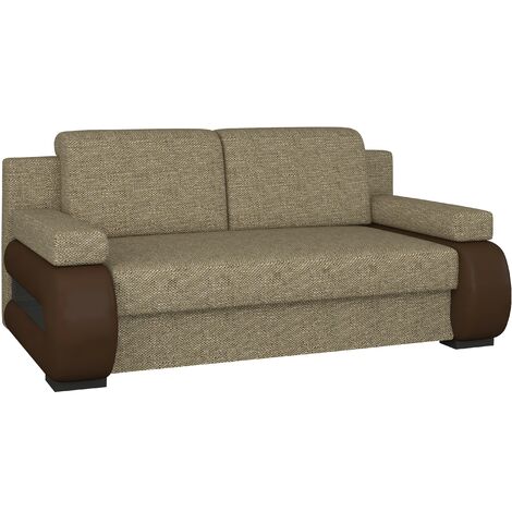 Canapé convertible 2 places tissu beige chiné et simili cuir marron Korina 202cm