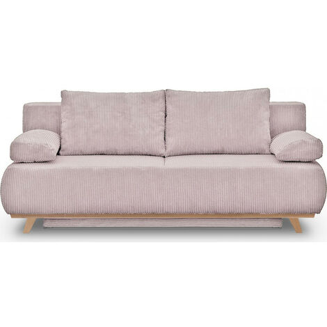 Canapé convertible 3 places avec coffre de rangement en velours côtelé rose pâle - Laria