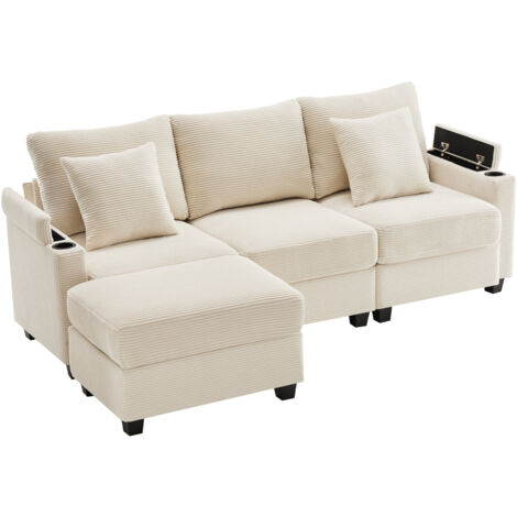 Canapé convertible 3 places avec ottoman velours beige 213.5 x 139 x 87 cm ZIPSOFA