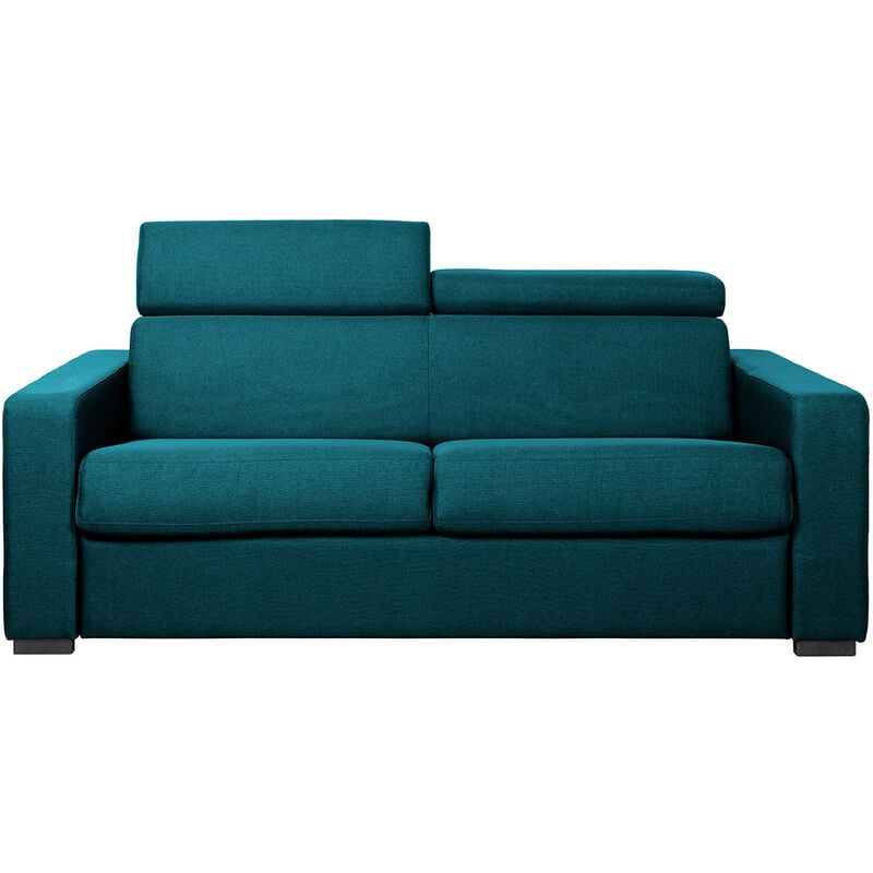 Miliboo - Canapé convertible avec têtières ajustables 3 places en tissu bleu canard avec matelas 12 cm noro