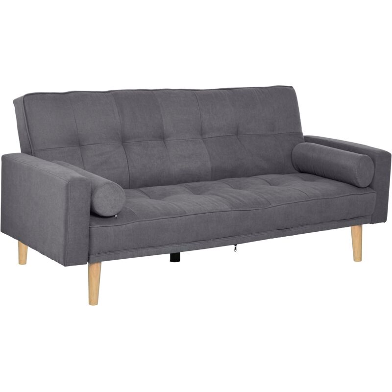Canapé convertible 3 places design scandinave dossier inclinable 3 positions pieds bois tissu lin gris