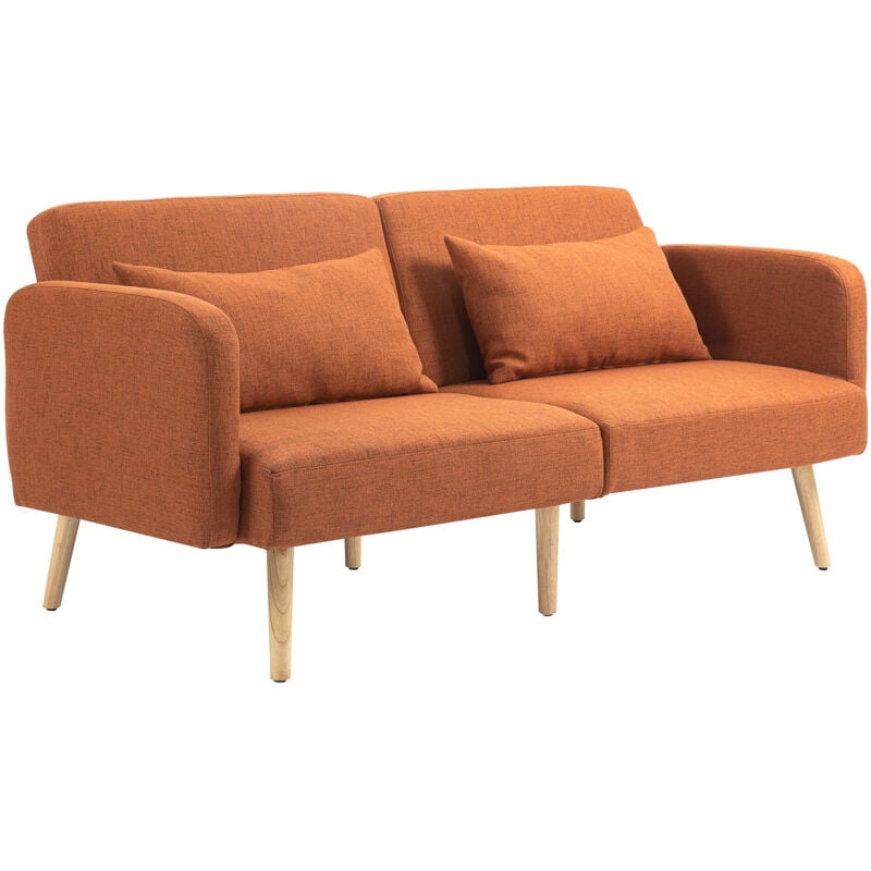Canapé convertible 3 places design scandinave - dossier inclinable, accoudoirs réglables - 2 coussins déco - tissu ocre havane