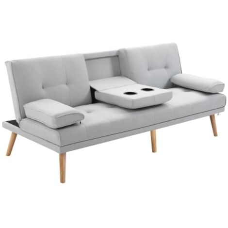 Canapé convertible 3 places design scandinave inclinaison dossier réglable 3 niveaux dossier centrale rabattable 2 porte-verres bois massif lin gris clair