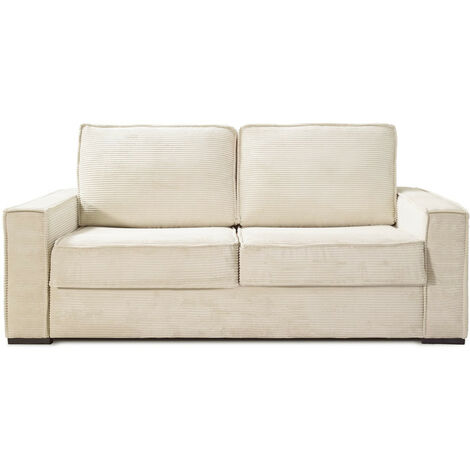 Canapé convertible 3 places en velours côtelé beige - Ouverture express - Couchage quotidien - Matelas HD 140 x 190 - Mattia