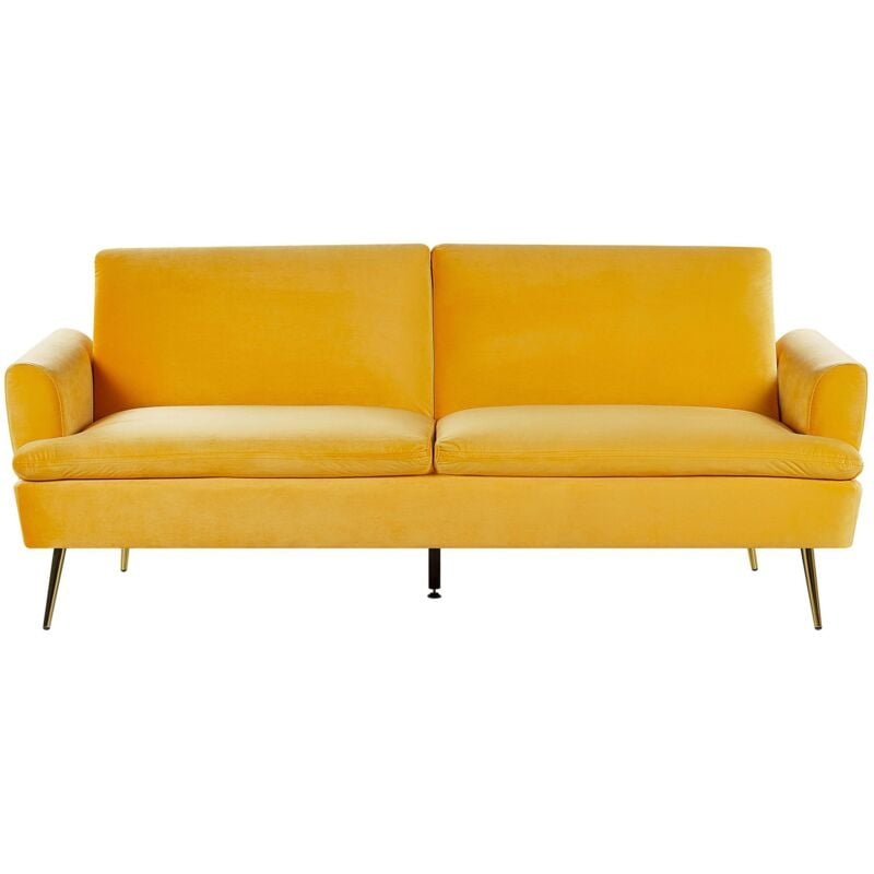 Beliani - Canapé 3 Places Convertible en Lit Double Revêtement en Velours Jaune et Piètement en Métal Doré Parfait pour Salon Glamour et Moderne