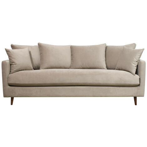 Canapé convertible 3 places en velours pieds bois foncé - Beige - VILLABON