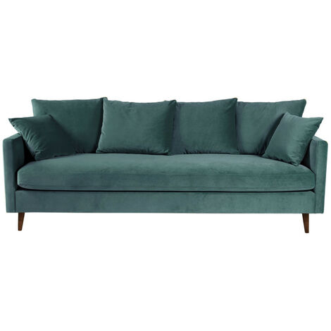 Canapé convertible 3 places en velours pieds bois foncé - vert eucalyptus - VILLABON