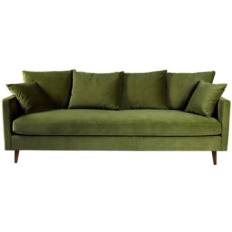 Canapé convertible 3 places en velours pieds bois foncé - Vert olive - VILLABON