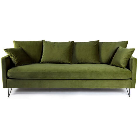 Canapé convertible 3 places en velours pieds épingles noirs - Vert olive - VILLABON