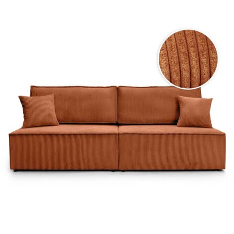 Canapé convertible 3 places FIONA sans accoudoirs coffre de rangement velours côtelé - Terracotta