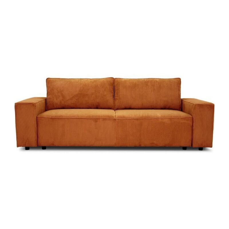 Canapé convertible 3 places JOSH - Tissu velours cotelé terracotta - L 239 x P 86 x H 85 cm - Coffre de rangement