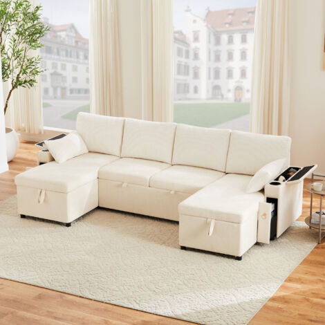 Canapé convertible 4 places - 272x131x84cm - Canapé-lit en forme de U avec porte-gobelets et coussins - en chenille beige
