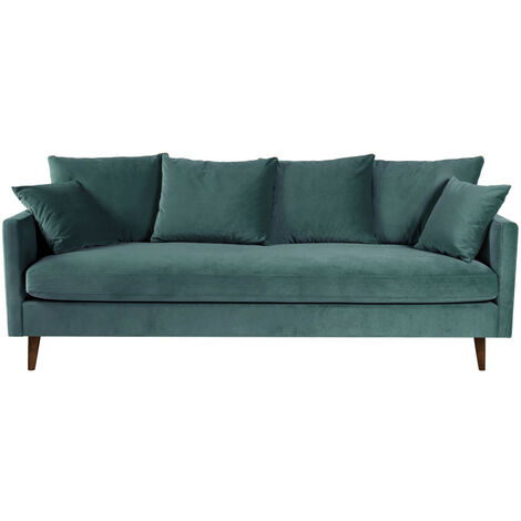 Canapé convertible 4 places en velours pieds bois foncé - vert eucalyptus - VILLABON