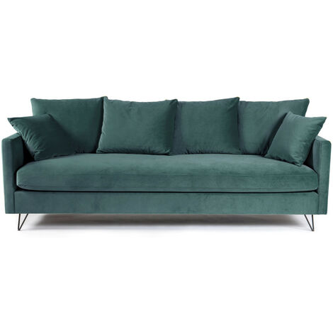Canapé convertible 4 places en velours pieds épingles noirs - vert eucalyptus - VILLABON