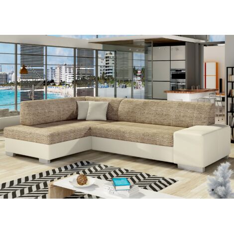 Canapé convertible angle gauche simili cuir beige et tissu beige clair chiné Polky 272cm