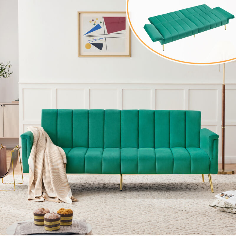 Canapé convertible avec fonction sommeil 2 places - canapé-lit pliant 183x76x75cm - avec pieds auxiliaires - en velours vert